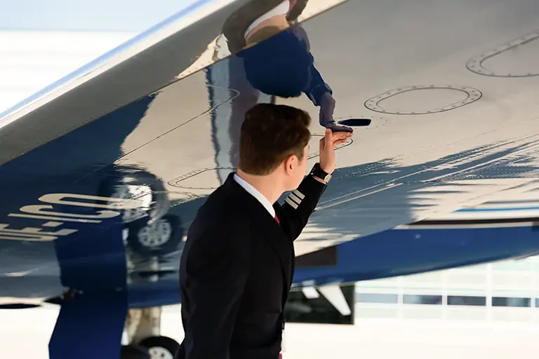 A Jetwise pilot conducts a pre-flight inspection under the wing of a private jet, using a small tool to check the surface. His reflection is visible on the polished metal, ensuring the aircraft meets safety standards.